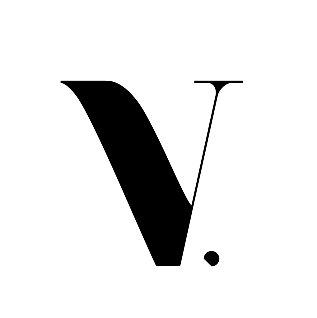 Valentini logo, a black V with a period beside it to the right